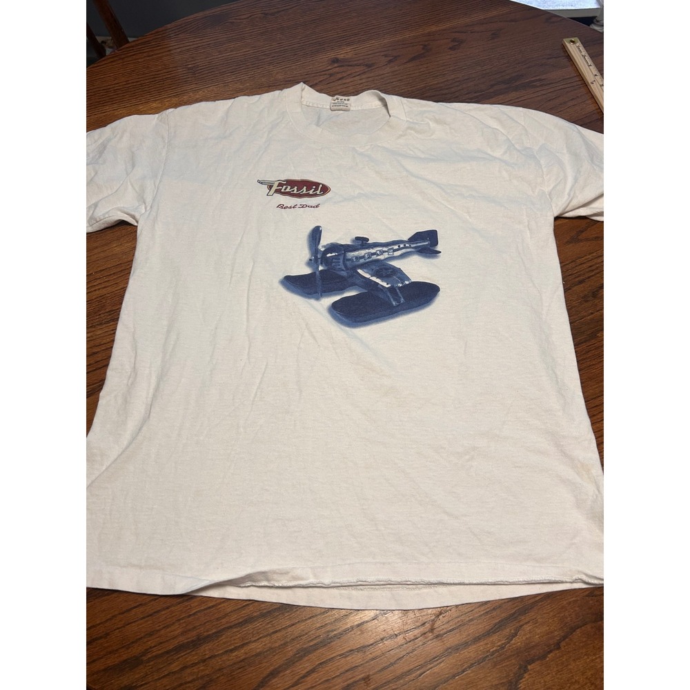 Vintage Fossil Best Dad Seaplane Graphic T-Shirt Mens XL Cream Made in USA